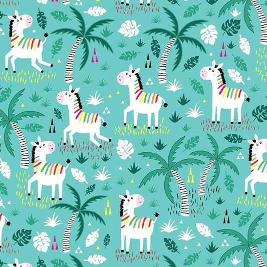 Oasis Fabrics Fun Flannels Teal Colorful Zebras on White Baby Price per Yard