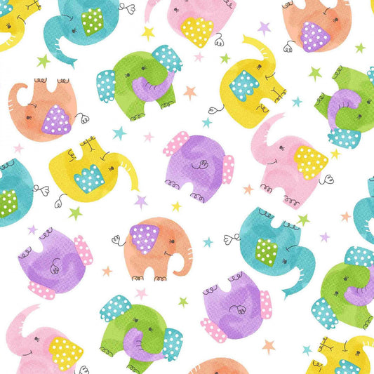 Oasis Fabrics Fun Flannels Elephants on White Baby Price per Yard