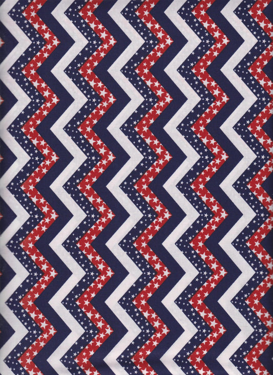 Foust Textiles Made In The USA Red White and Blue Chevron Stripes Stars Patriotic Price per Yard