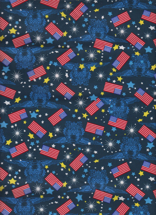 Foust Textiles Made In The USA Red White and Blue Wavy Mini Flags and Eagle Emblems Patriotic Price per Yard
