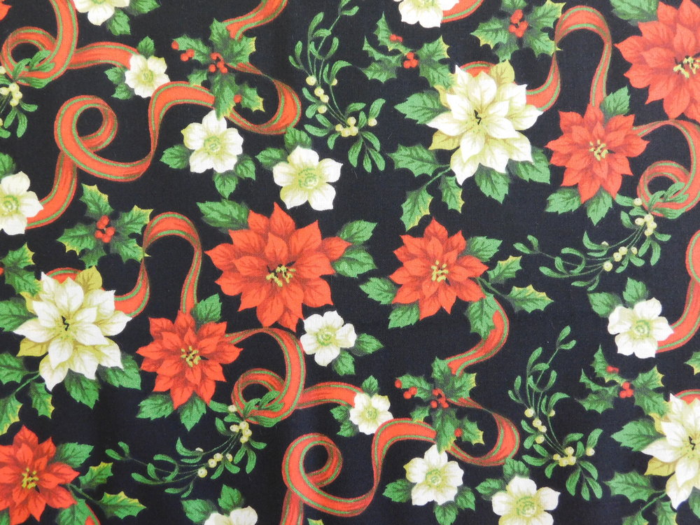 Christmas Poinsettias and Ribbons on Black 100% Cotton Price per Yard
