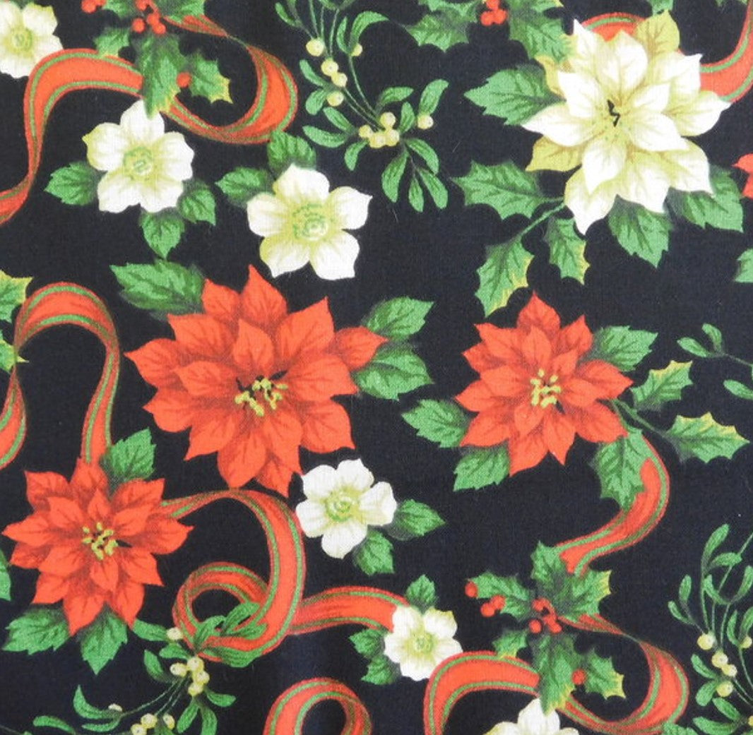 Christmas Poinsettias and Ribbons on Black 100% Cotton Price per Yard
