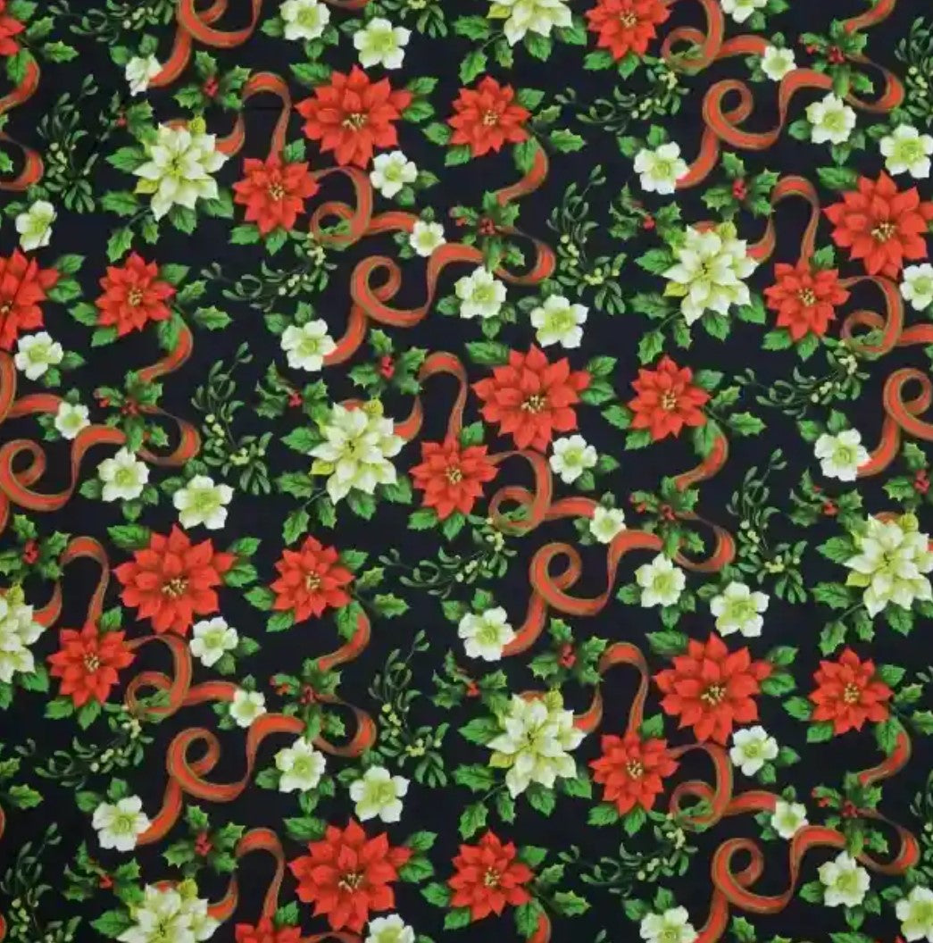 Christmas Poinsettias and Ribbons on Black 100% Cotton Price per Yard