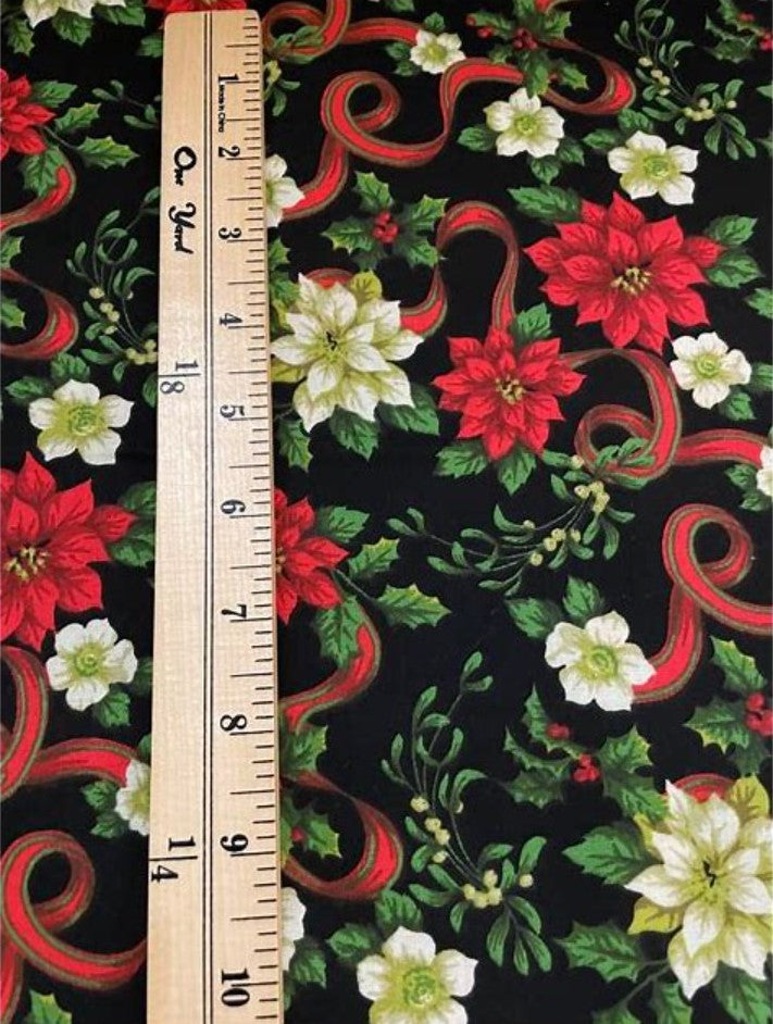 Christmas Poinsettias and Ribbons on Black 100% Cotton Price per Yard