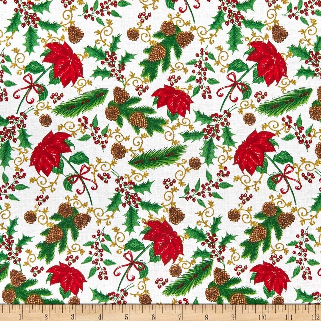 Foust Textiles Tis the Season Poinsettias and Pinecones Ivory Gold Metallic 100% Cotton Price per Yard