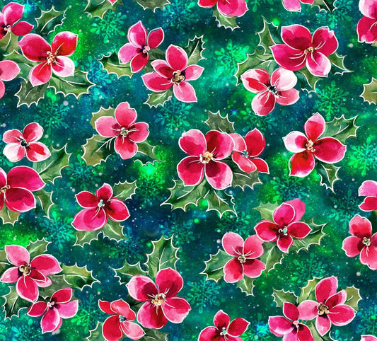 Christmas Noel Pink Poinsettias Holly Teal 100% Cotton