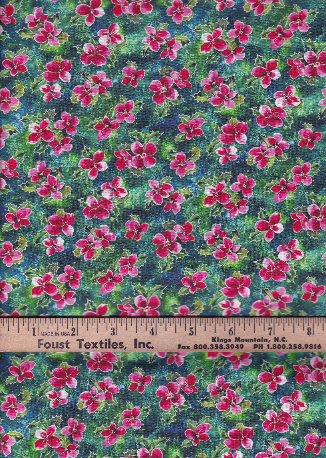 Christmas Noel Pink Poinsettias Holly Teal 100% Cotton