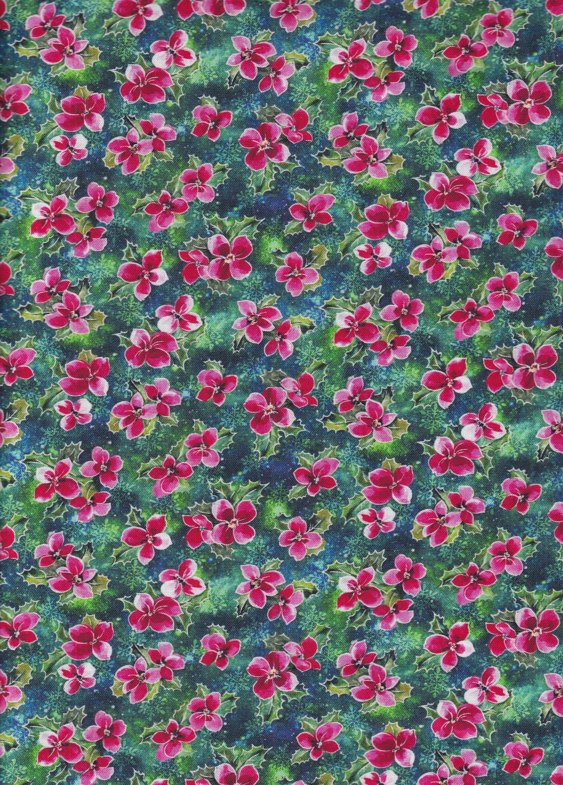 Christmas Noel Pink Poinsettias Holly Teal 100% Cotton