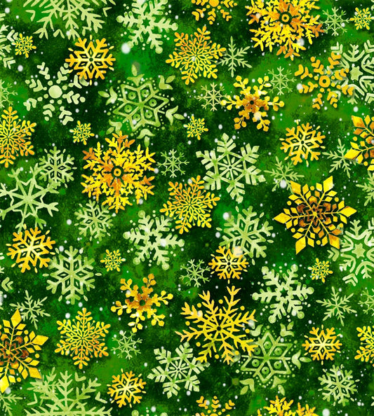 Christmas Noel Snowflakes on Green 100% Cotton