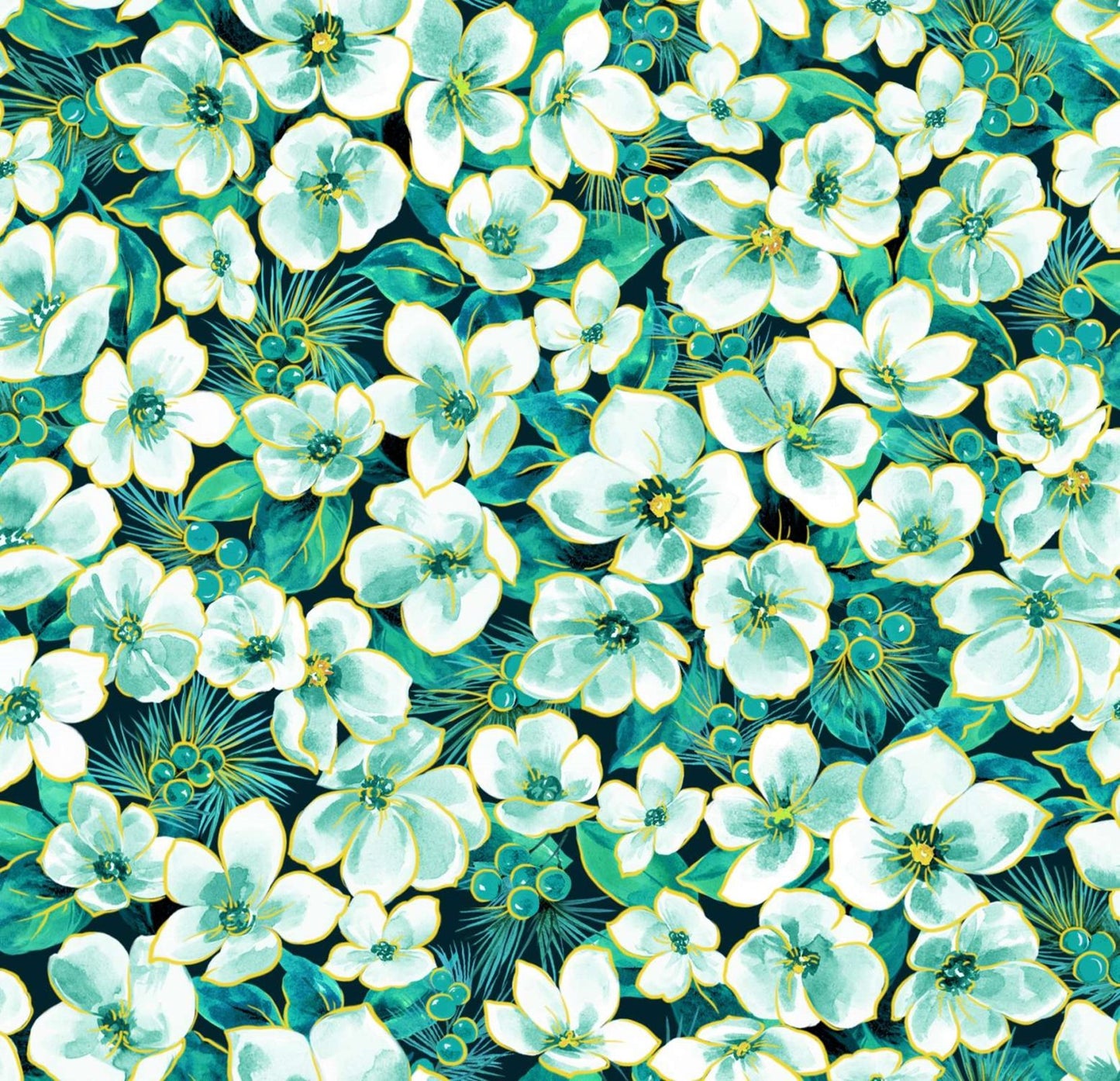Christmas Noel Small Floral Teal 100% Cotton
