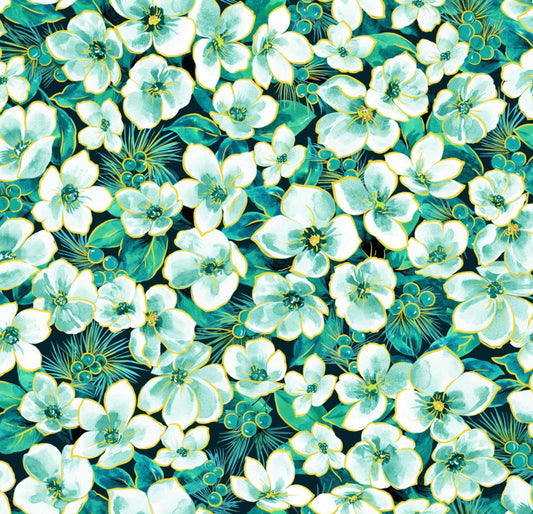 Christmas Noel Small Floral on Green Teal 100% Cotton