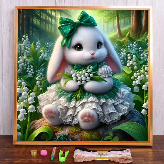 Embroidery Cross Stitch Kit Pre-printed Easter Bunny Rabbit 8 in x 8 in 14 CT