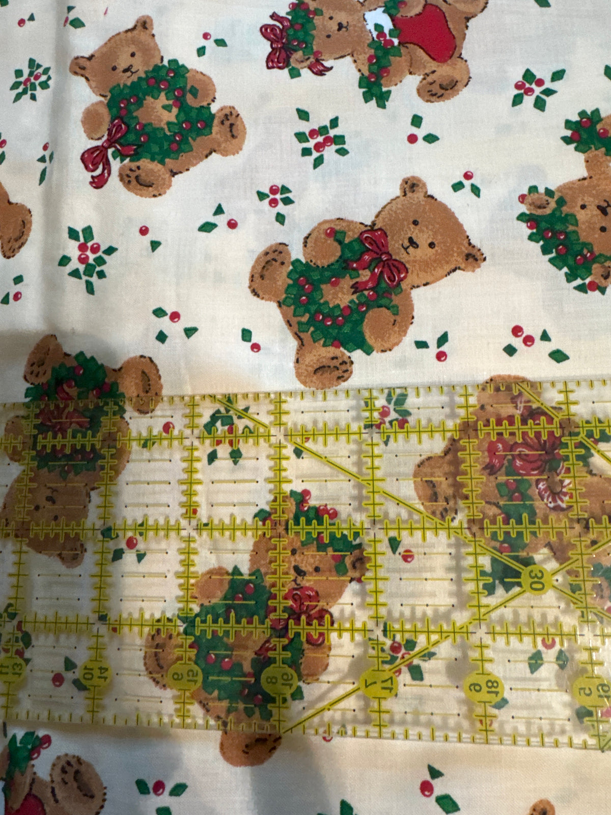 Christmas Vintage Teddy Bears with Wreaths on Cream 100% Lightweight Cotton Price per Yard