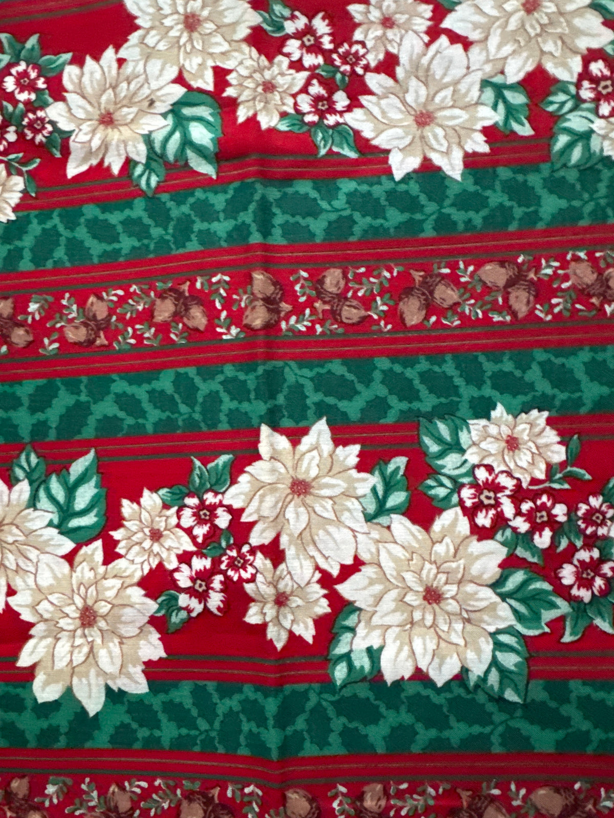 Christmas Vintage Poinsettia Acorns Border Stripe 100% Lightweight Cotton Price per Yard