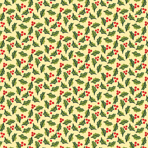 44 x 36 Jolly Holly and Berries on Butter Yellow Christmas Benartex 100% Cotton