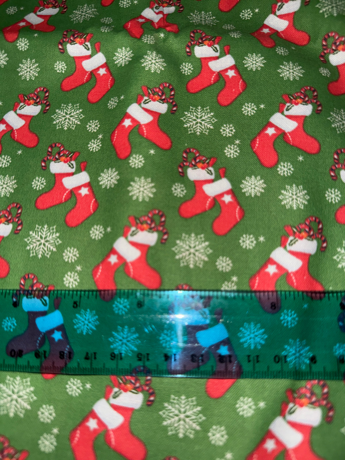 Christmas Red Stockings and Candy Canes on Green 100% Cotton Fabric By the Yard