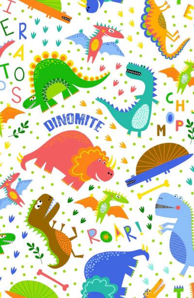 Oasis Fabrics Fun Flannels White T-Rex Dinosaurs on White Baby Price per Yard