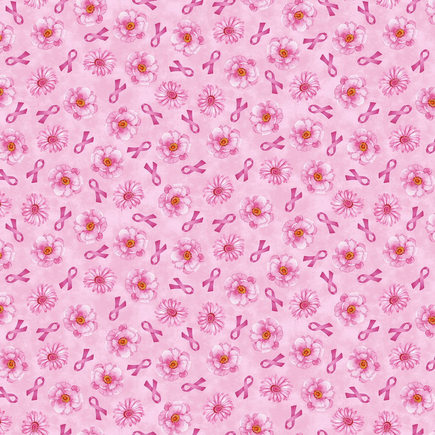 45 x 36 Breast Cancer Awareness Floral and Tossed Ribbons Pink Celebration 100% Cotton