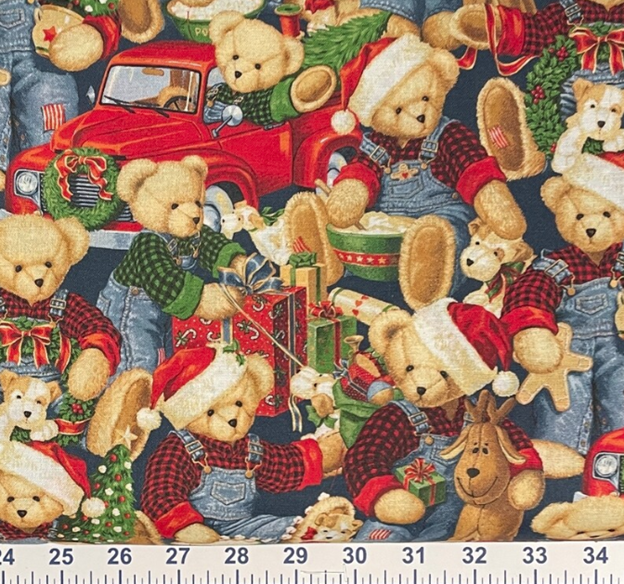 Springs Creatives Christmas Blue Jean Teddy 100% Cotton Fabric Price per Yard