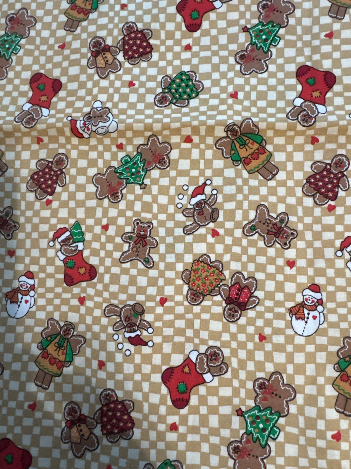 Christmas Vintage Gingerbread Stockings on Cream Plaid 100% Lightweight Cotton Price per Yard