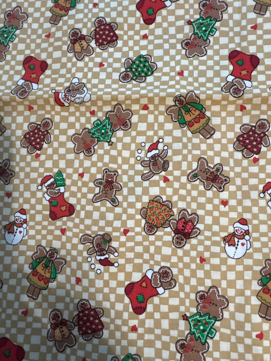 Christmas Vintage Gingerbread Stockings on Cream Plaid 100% Lightweight Cotton Price per Yard