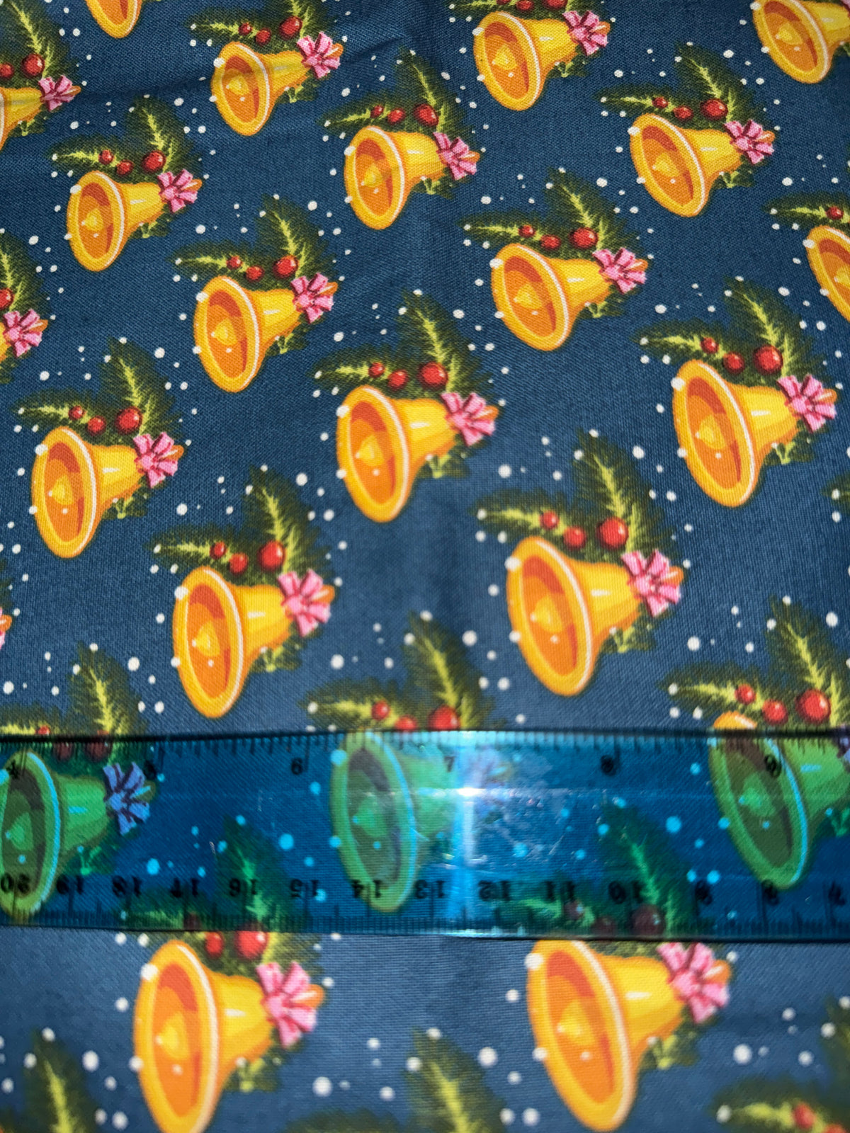 Christmas Gold Bells on Blue Teal 100% Cotton Fabric