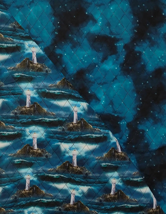 Double Faced Prequilted Lighthouse Galaxy Teal By the Yard