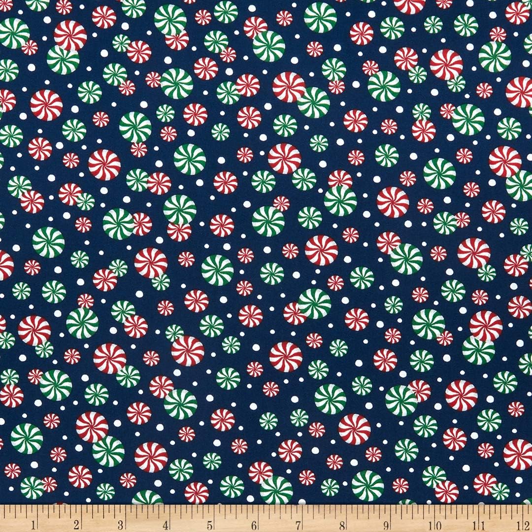 Foust Textiles Tis the Season Christmas Red and Green Peppermints on Blue 100% Cotton Price per Yard
