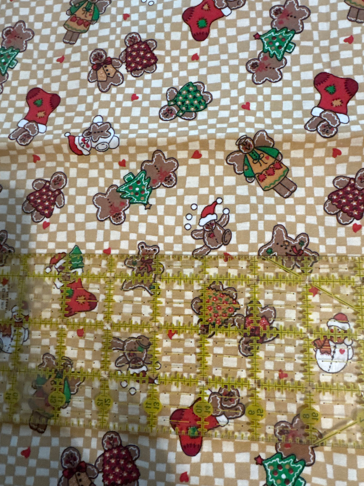 Christmas Vintage Gingerbread Stockings on Cream Plaid 100% Lightweight Cotton Price per Yard