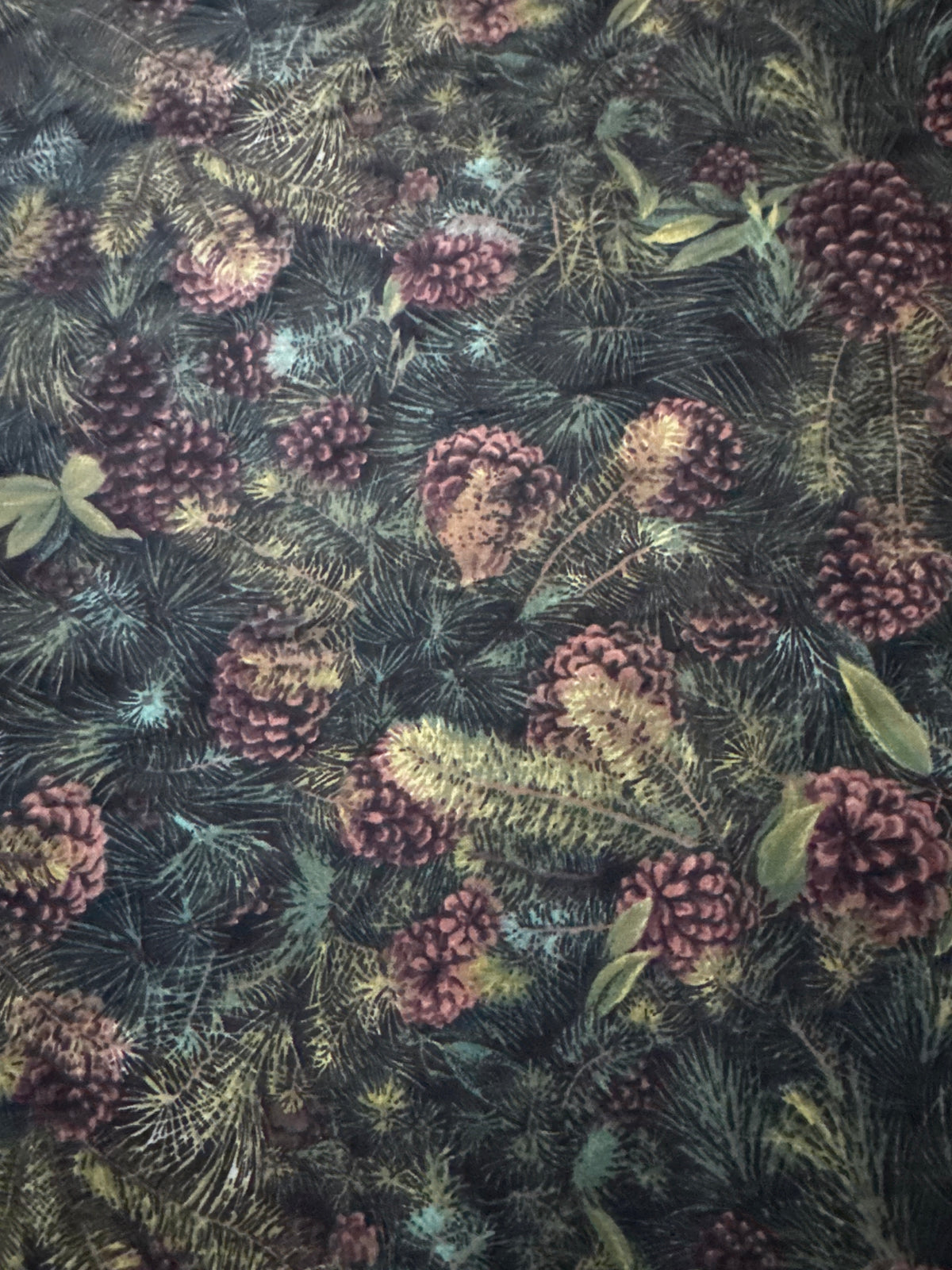 Christmas Pinecones and Branches on Black 100% Cotton Price per Yard