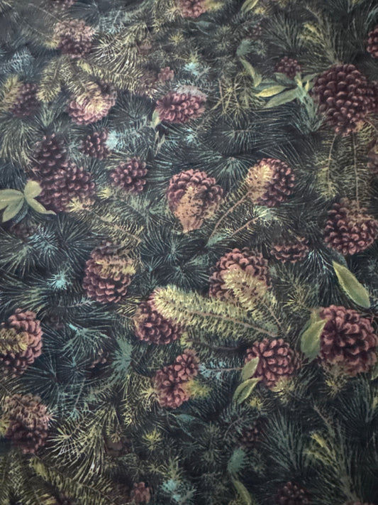 Christmas Pinecones and Branches on Black 100% Cotton Price per Yard