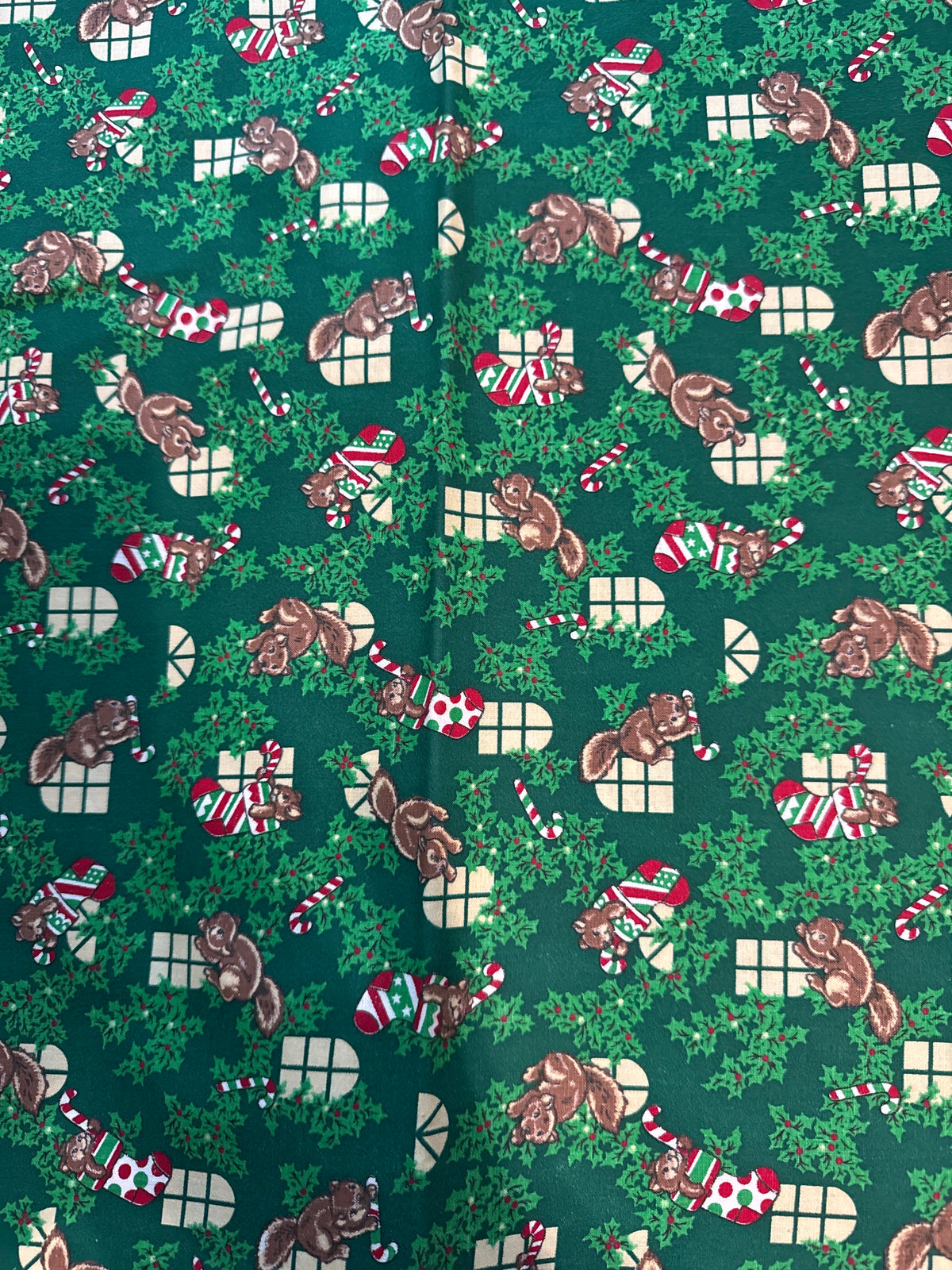 Christmas Vintage Squirrels Stockings on Green 100% Lightweight Cotton Price per Yard