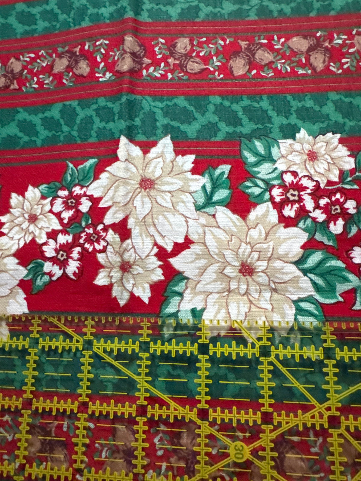 Christmas Vintage Poinsettia Acorns Border Stripe 100% Lightweight Cotton Price per Yard