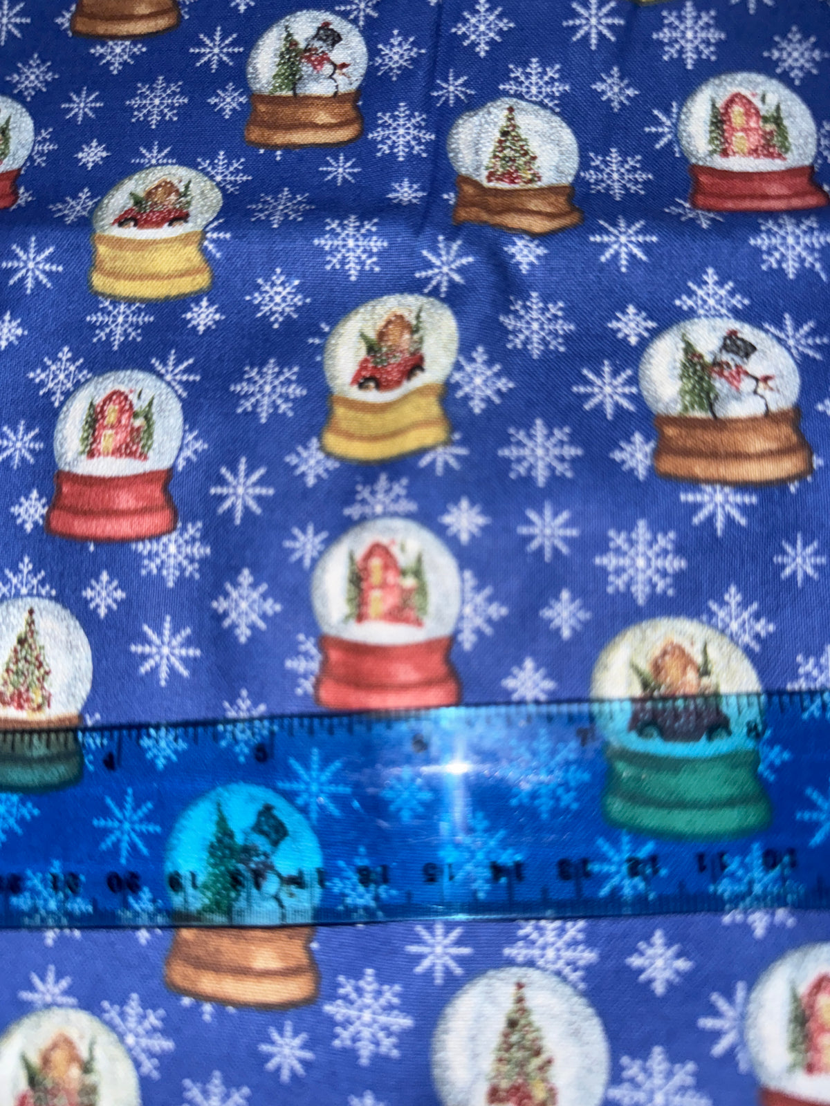 Christmas Snow Globes and Snowflakes on Blue 100% Cotton Fabric