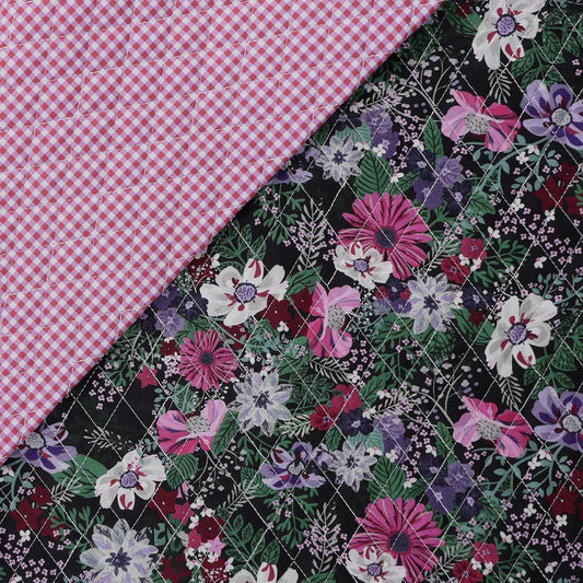Mook Fabrics Double Faced Prequilted Purple Floral Plaid By the Yard