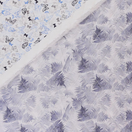 Mook Fabrics Double Faced Prequilted Gray Leaves Butterflies Blue By the Yard Novelty