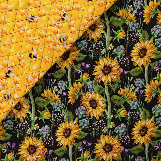 Mook Fabrics Double Faced Prequilted Sunflower Bees Honeycomb By the Yard Novelty