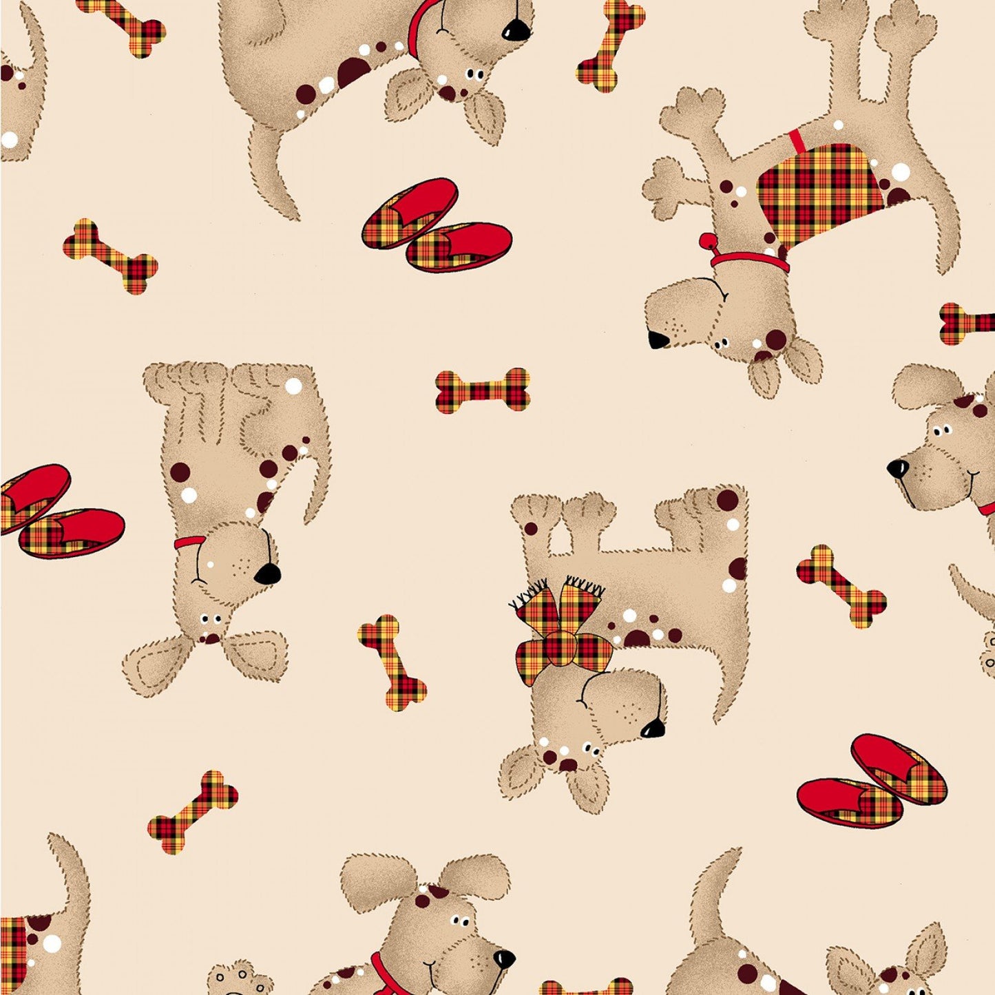 Pattern of dogs with plaid bones and slippers on a beige background