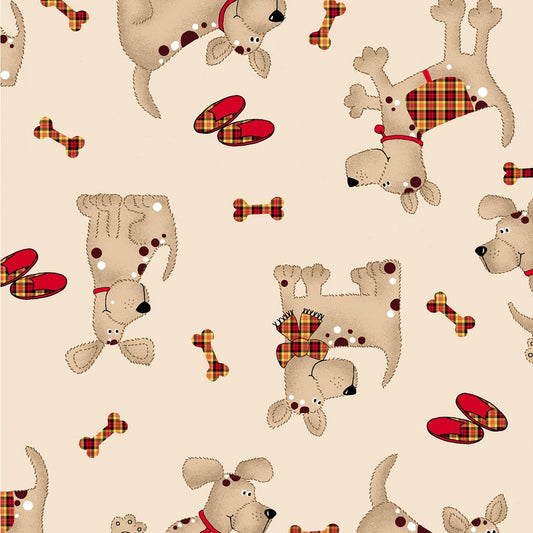 Pattern of dogs with plaid bones and slippers on a beige background