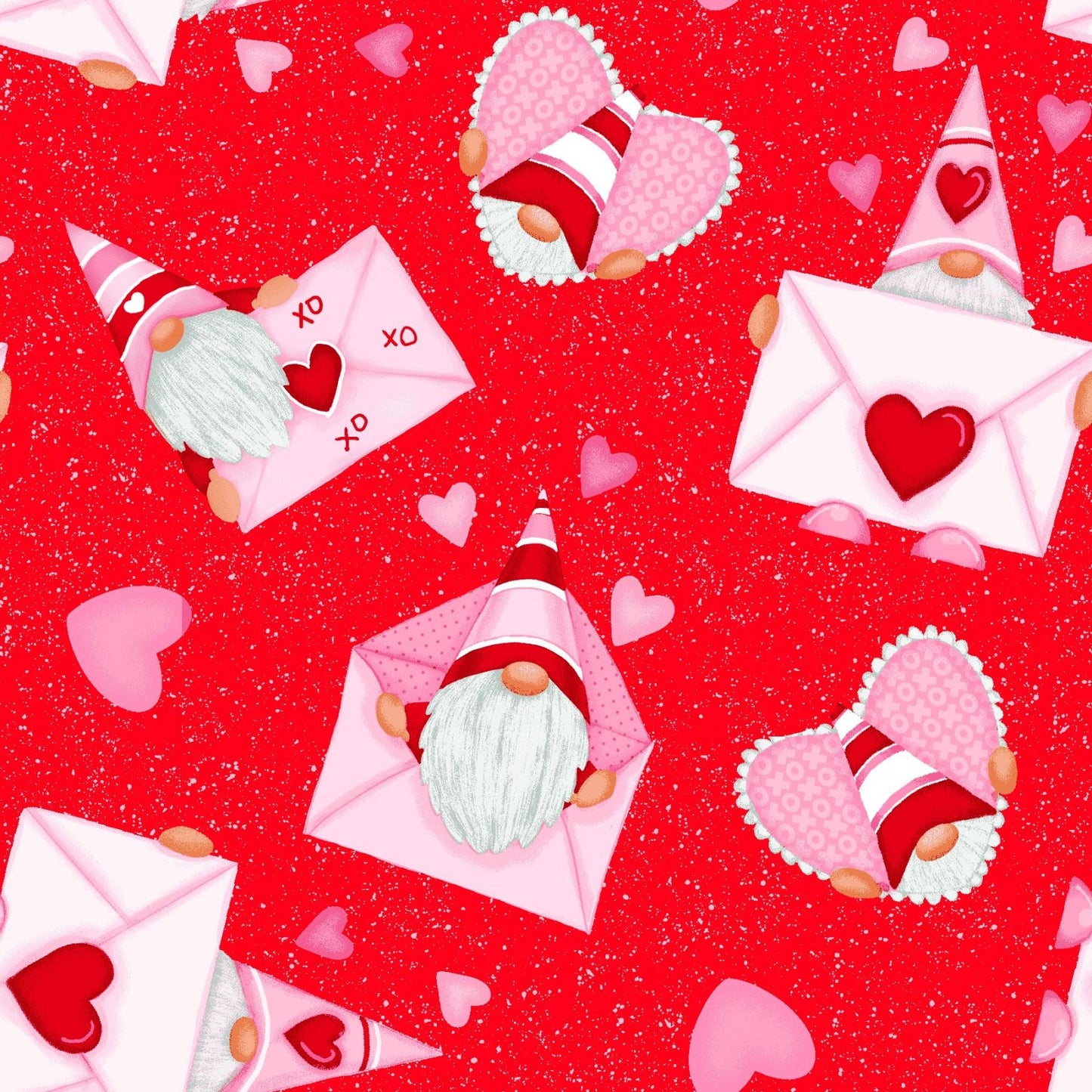 44 x 36 Pink Gnomes with envelopes on Red 100% Cotton Valentine