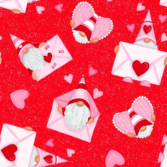 44 x 36 Pink Gnomes with envelopes on Red 100% Cotton Valentine