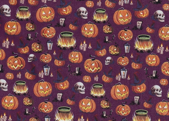 Halloween Spooky Smiling Pumpkin and Skulls on Purple 100% Cotton Fabric