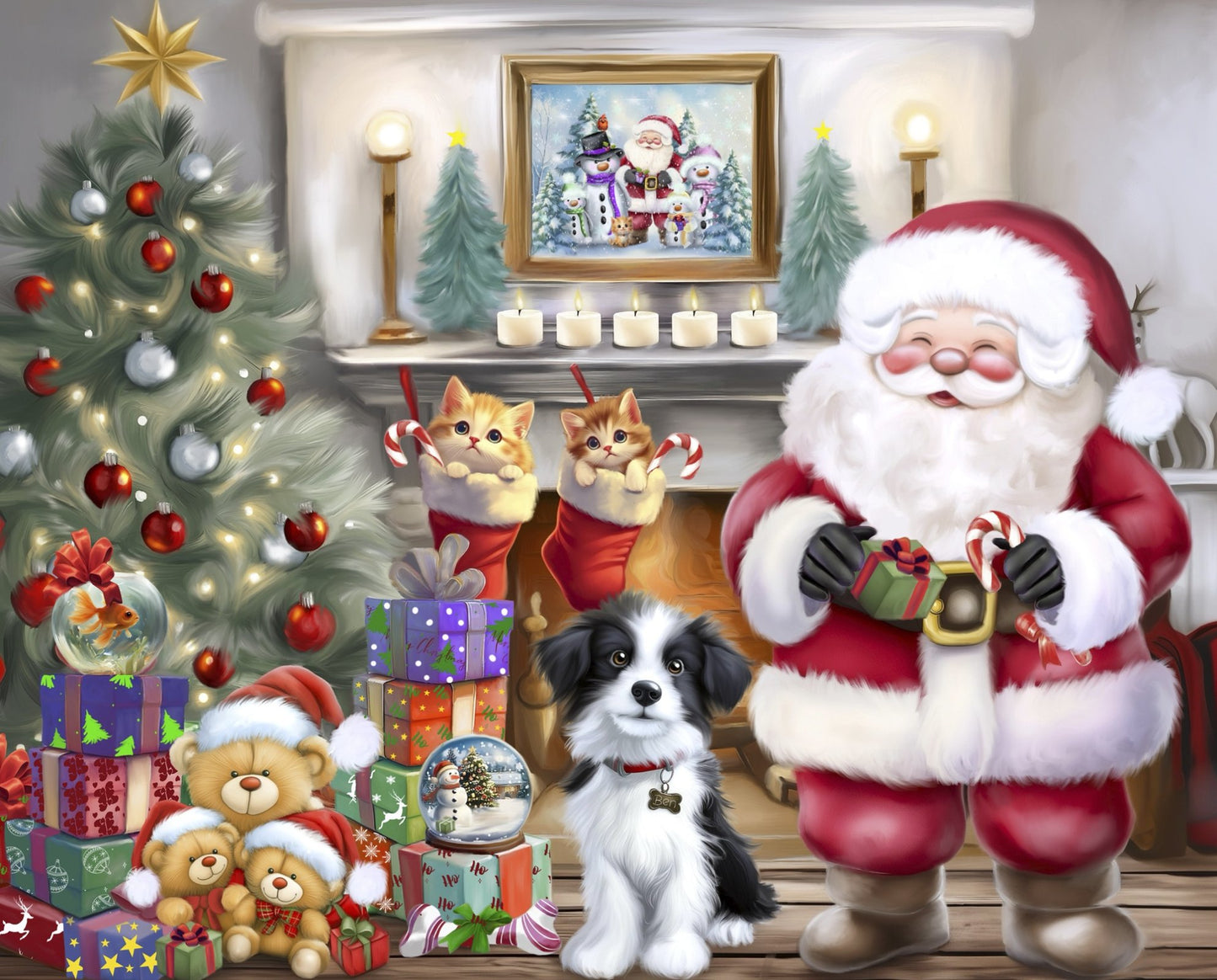 Christmas Santa and Furry Friends Panel Multi 44 x 35