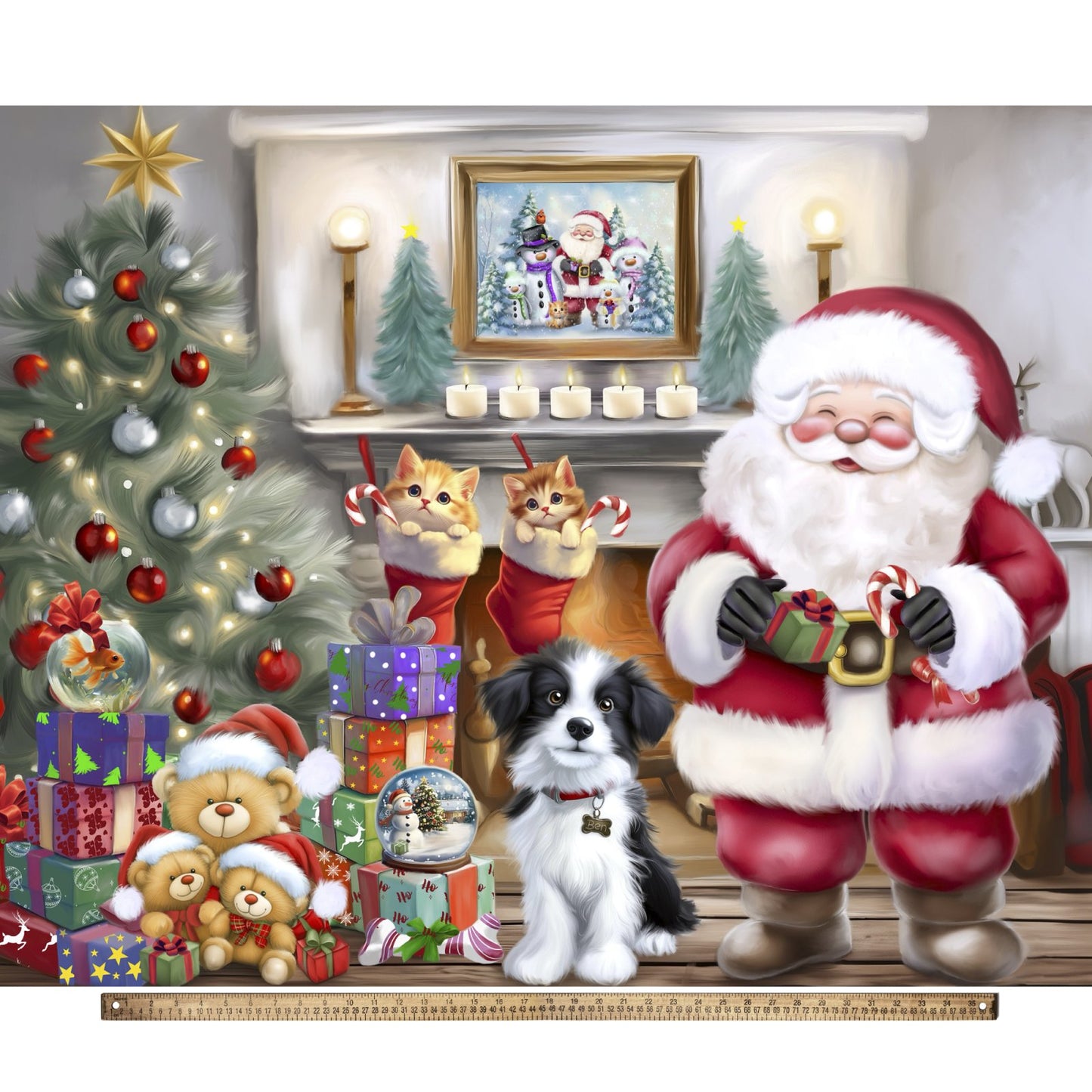 Christmas Santa and Furry Friends Panel Multi 44 x 35