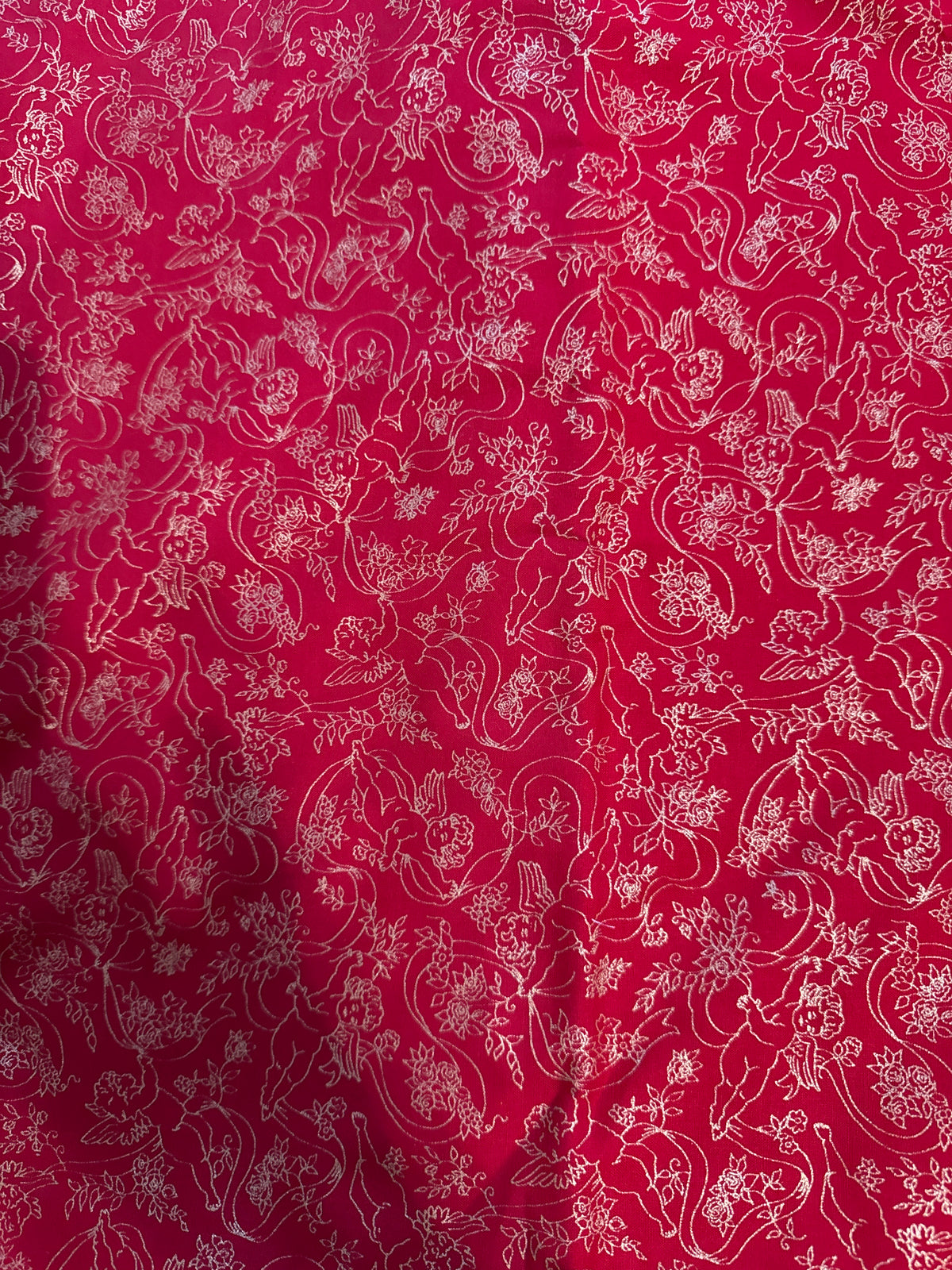 Christmas Vintage Metallic Gold Cherubs Angels and Ribbons on Red 100% Lightweight Cotton Price per Yard