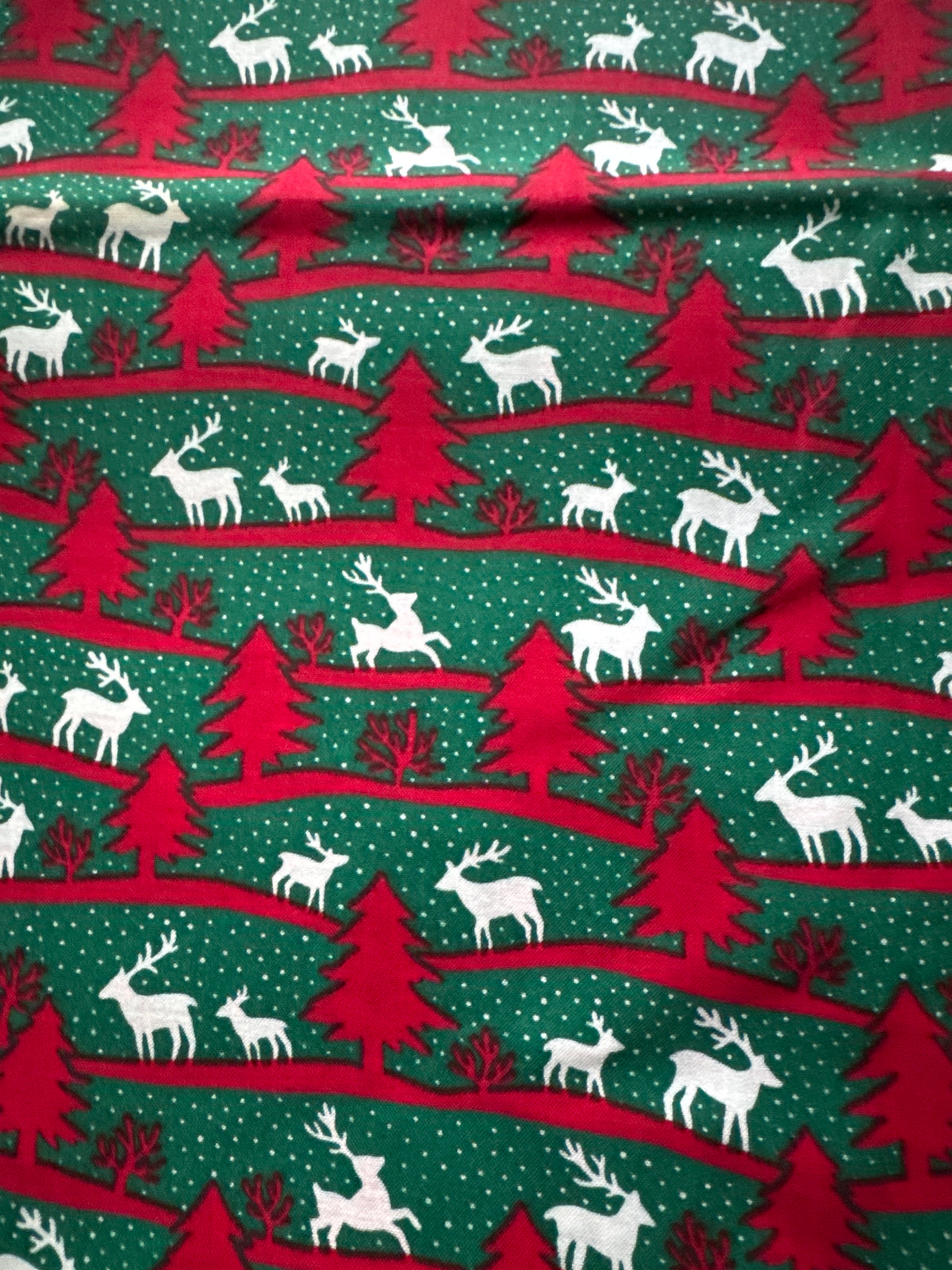 Christmas Vintage Trees Reindeer Curvy Lines on Green 100% Lightweight Cotton Price per Yard