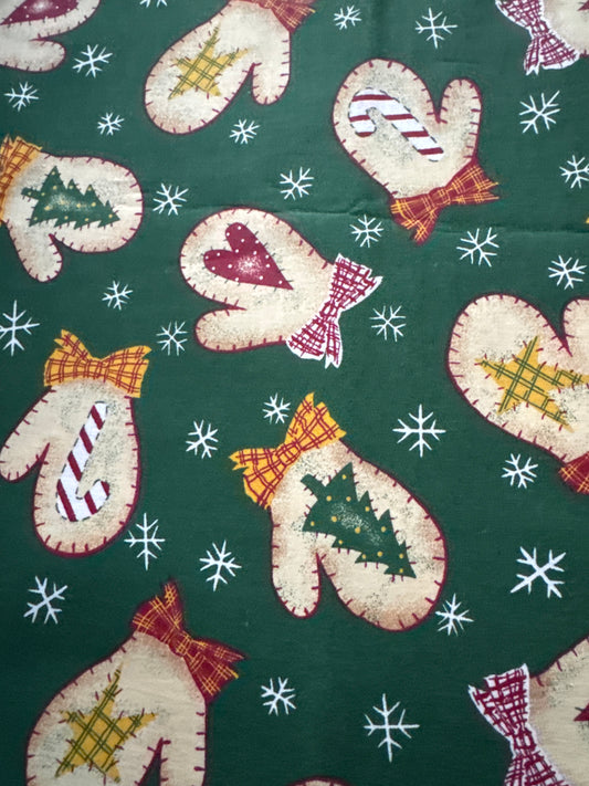 Christmas Vintage Mittens with Ribbons and Icons on Green 100% Lightweight Cotton Price per Yard