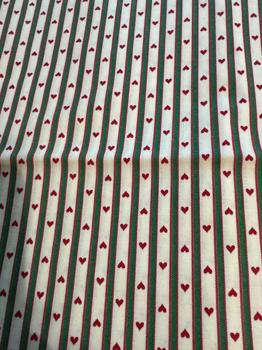Christmas Vintage Mini Hearts Green Stripes on White 100% Lightweight Cotton Price per Yard