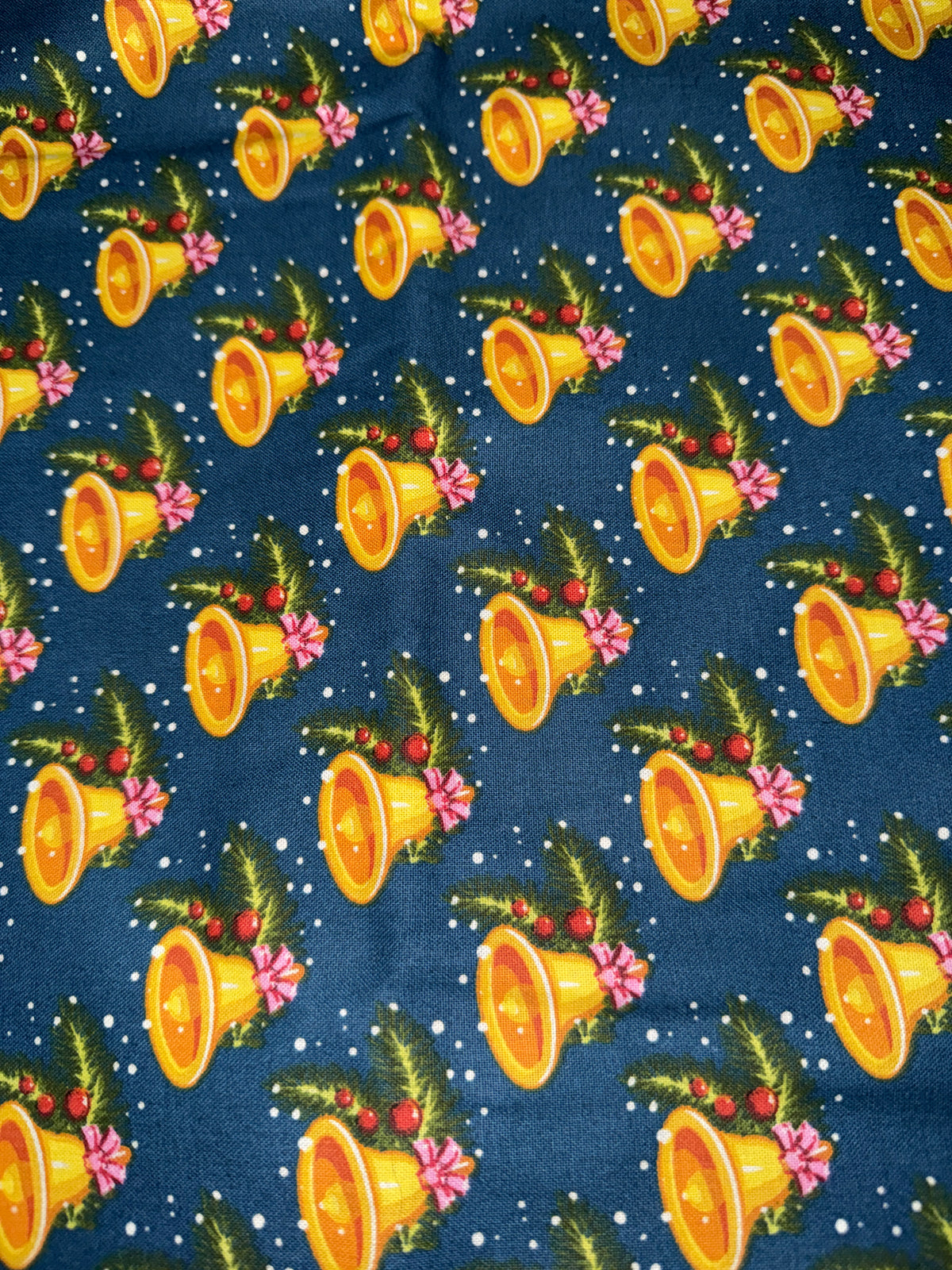 Christmas Gold Bells on Blue Teal 100% Cotton Fabric