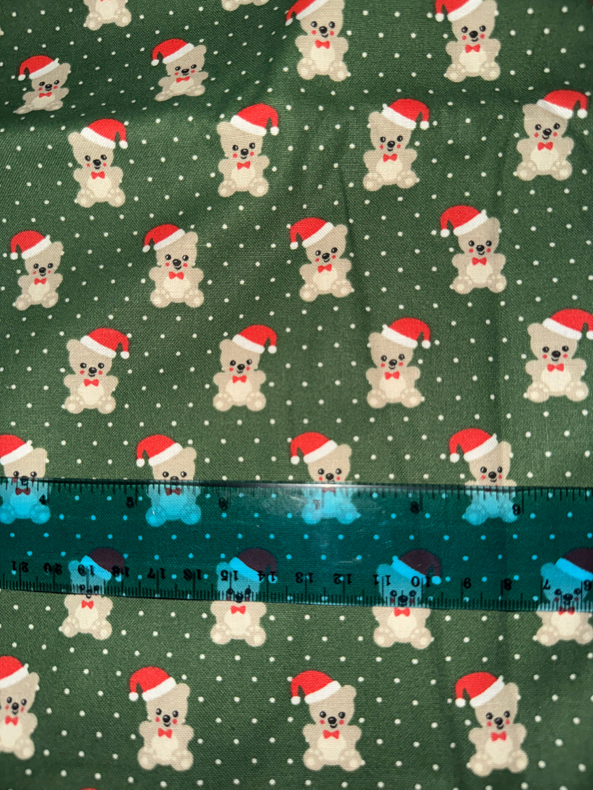 Christmas Teddy Bears on Green with Dots 100% Cotton Fabric